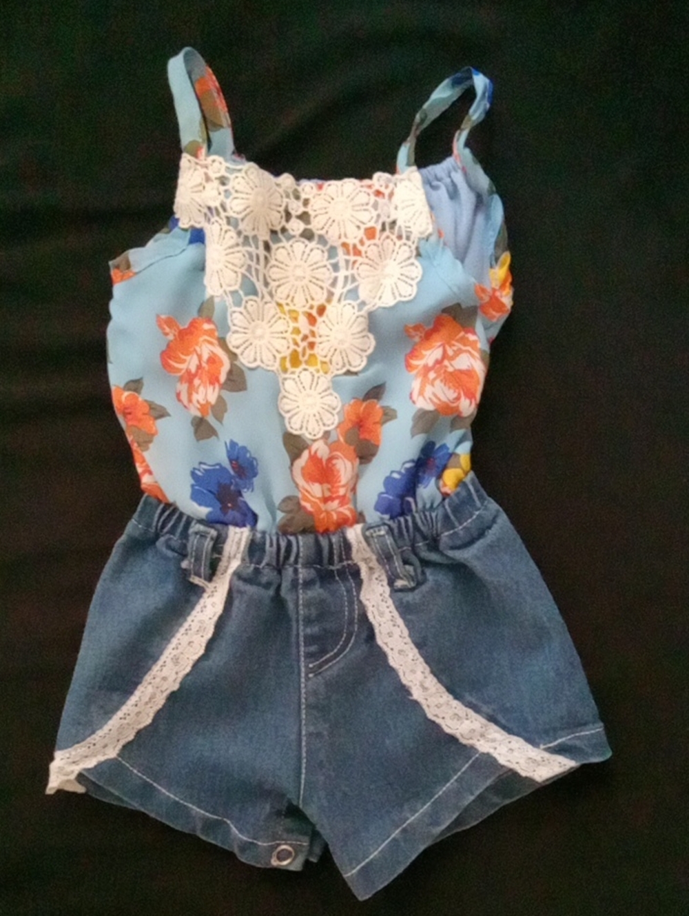 Girls Blue Floral Romper with Denim Shorts and Lace Trim